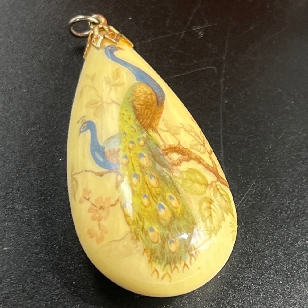 Vintage Peacock teardrop pendant  1960 - 1970s 1.13"W ×‎ 2.75".